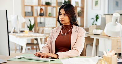 Buy stock photo Woman, typing or research in office with computer for digital advertising proposal, idea and planning. Person, browsing and reading with desktop for online marketing campaign, draft report or review.