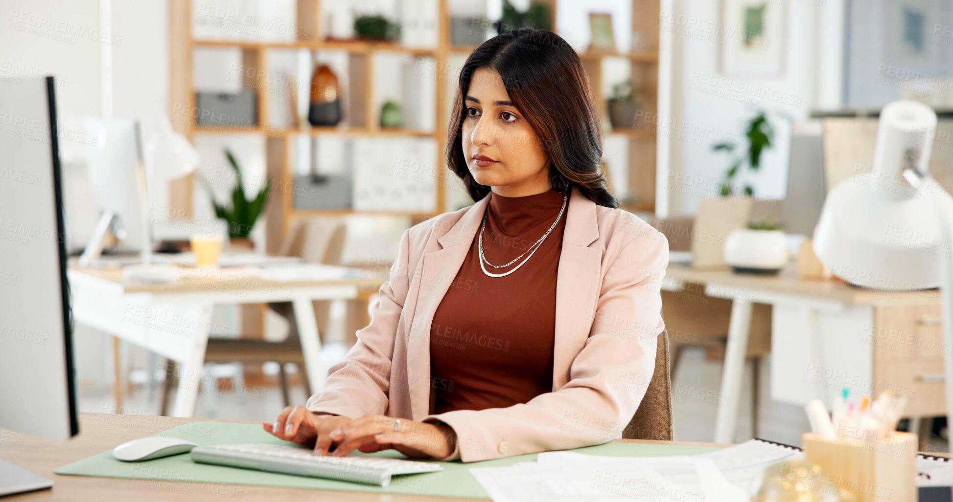 Buy stock photo Woman, typing or research in office with computer for digital advertising proposal, idea and planning. Person, browsing and reading with desktop for online marketing campaign, draft report or review.