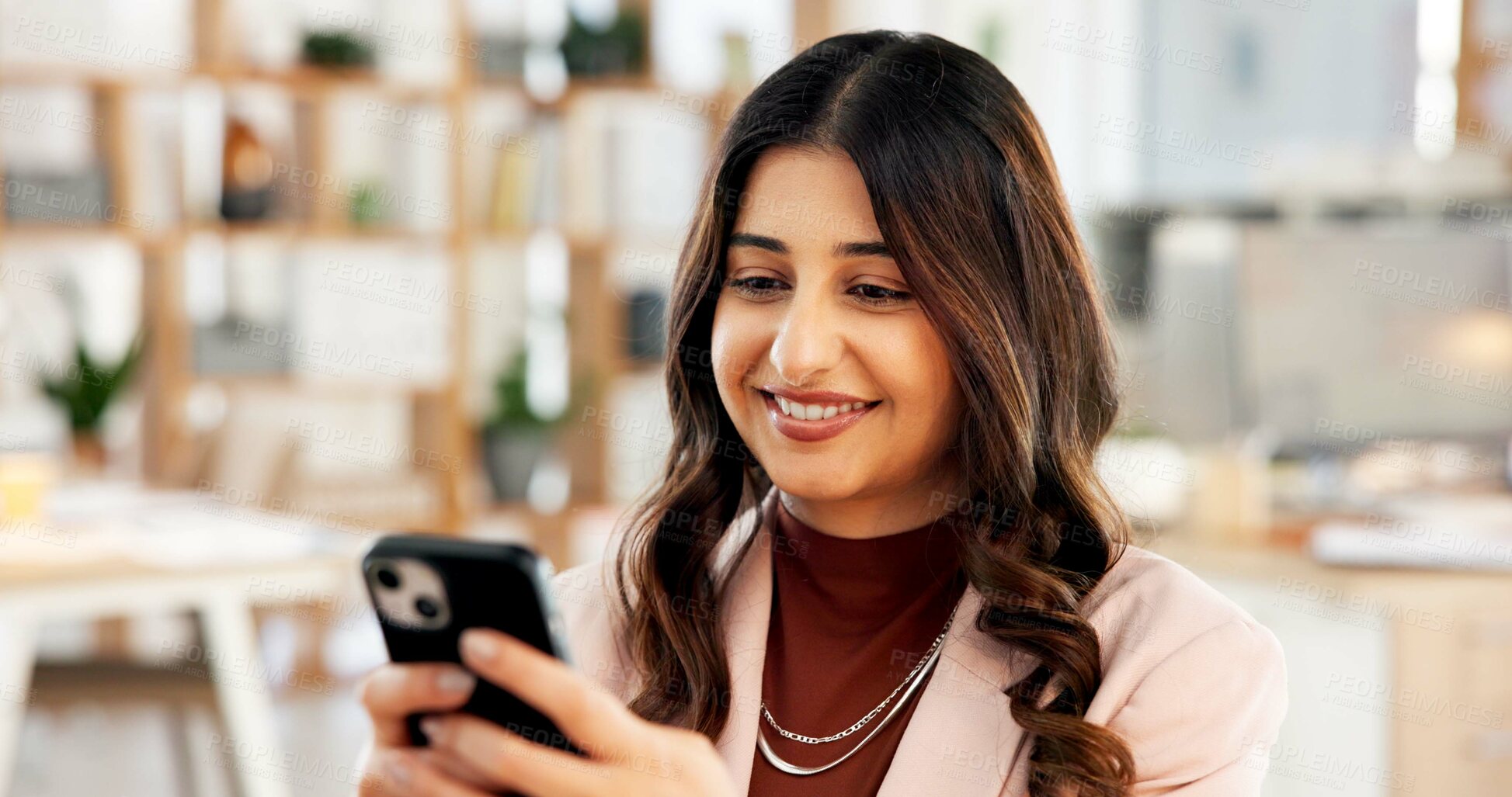 Buy stock photo Happy, woman or typing in office with phone for digital advertising, social media campaign or update. Person, browse or reading in workplace with tech for online marketing, mobile app post or review.