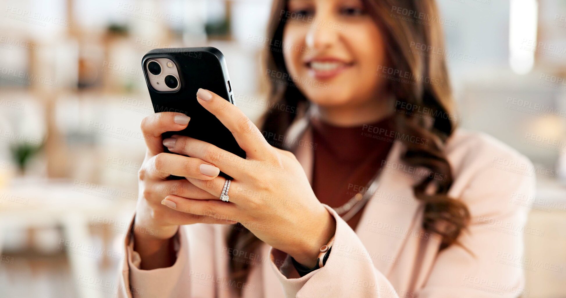 Buy stock photo Woman, hands or typing in office with phone for digital advertising, social media campaign or update. Person, browse and scroll in workplace with tech for online marketing, mobile app post or review.