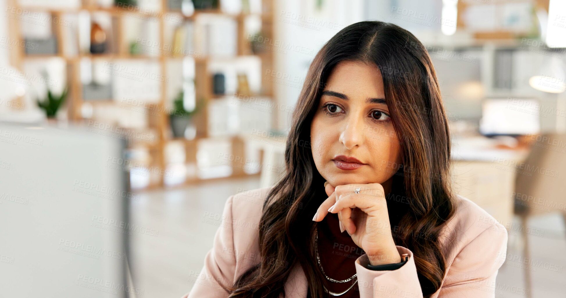 Buy stock photo Woman, thinking or review in office with computer for digital advertising proposal, idea or planning. Female person, reflection or reading with desktop for online marketing campaign, email or project