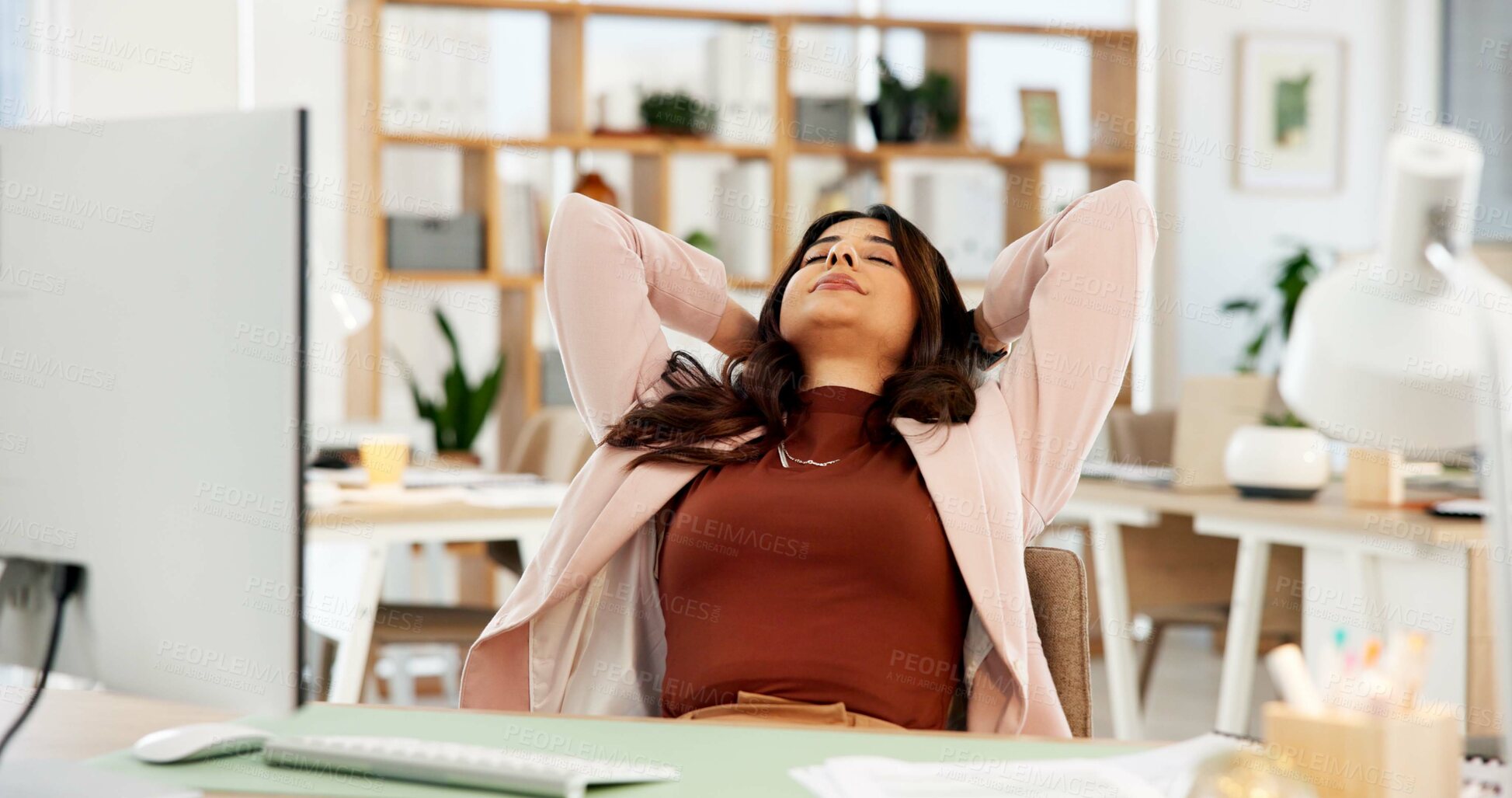 Buy stock photo Relax, computer and businesswoman in office with completed creative project with deadline. Rest, technology and female magazine editor with hands behind head for finished publishing in workplace.