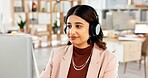 Call center, computer and businesswoman in office with contact us, communication or help desk. Mic, talking and female customer service consultant with technical support consultation in workplace.