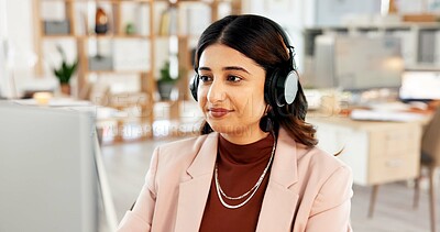 Buy stock photo Headphones, computer and businesswoman in office with music, playlist or radio for creative project. Audio tech, smile and female magazine editor listening to album with publishing task in workplace.