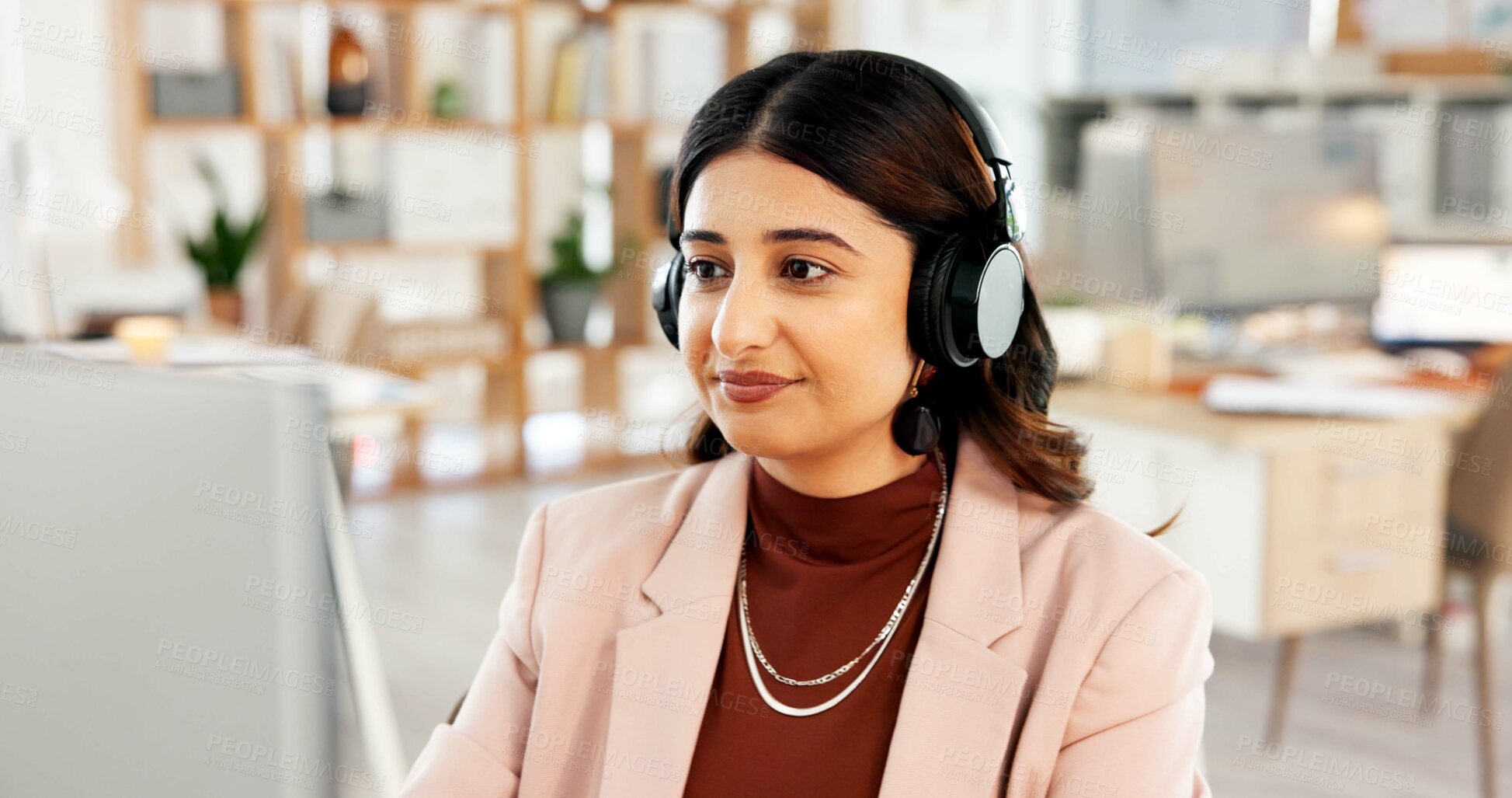 Buy stock photo Headphones, computer and businesswoman in office with music, playlist or radio for creative project. Audio tech, smile and female magazine editor listening to album with publishing task in workplace.