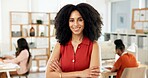 Woman, smile and portrait with arms crossed at startup, pride and confidence for job at media company. Person, writer or editor with career, leadership and team for coworking at creative agency