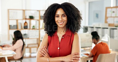 Buy stock photo Woman, smile and portrait with arms crossed at startup, pride and confidence for job at media company. Person, writer or editor with career, leadership and team for coworking at creative agency