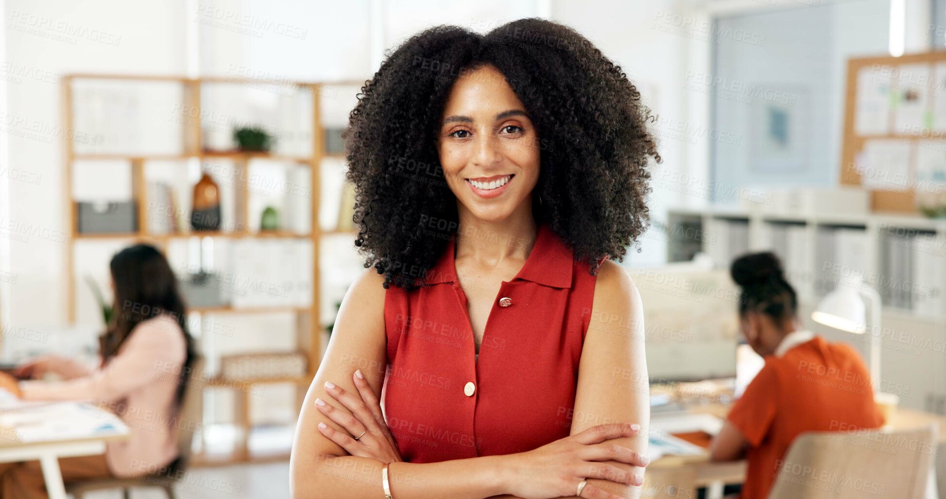 Buy stock photo Woman, smile and portrait with arms crossed at startup, pride and confidence for job at media company. Person, writer or editor with career, leadership and team for coworking at creative agency