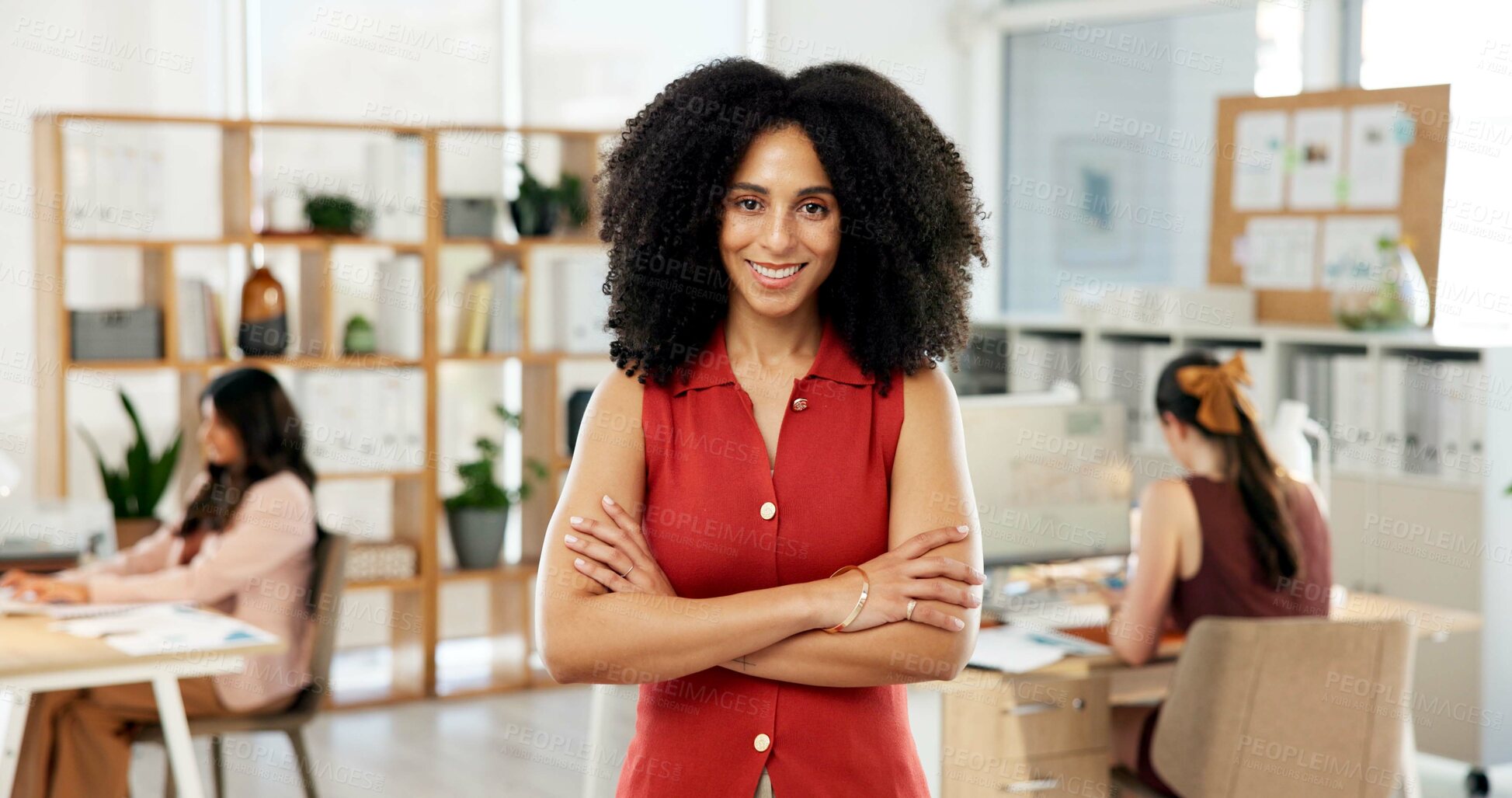 Buy stock photo Woman, happy and portrait with arms crossed at startup, pride and confidence for job at media company. Person, writer or editor with career, leadership and smile for coworking at creative agency