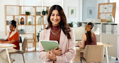 Buy stock photo Business woman, tablet and portrait for creative agency, editing or manuscript. Coworking, employee or editor in workplace with internet, tech and email for proofreading or grammar on app in office