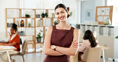 Buy stock photo Media agency, portrait and woman with arms crossed, smile and copywriting with creative project. Person, confidence and journalist with publishing startup, author and magazine editor with pride