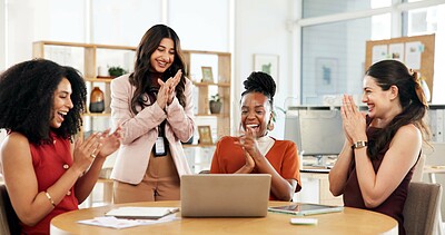 Buy stock photo Women, team and applause with laptop at startup, office meeting or celebration for goal at media company. People, group and happy with clapping, success or support with achievement at creative agency