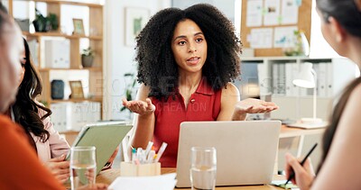 Buy stock photo Woman, team and laptop at startup, discussion or planning with brainstorming at media company. People, group and talk in office with computer, review or insight for problem solving at creative agency