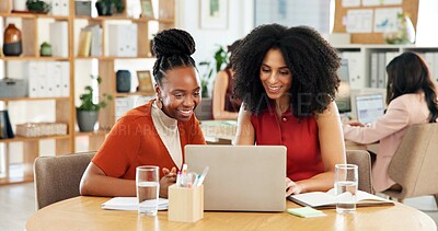 Buy stock photo Happy, employees and women with laptop, office and reporters with positive feedback or collaboration. Reading, comments and people with tech for article performance, teamwork and journalists with app