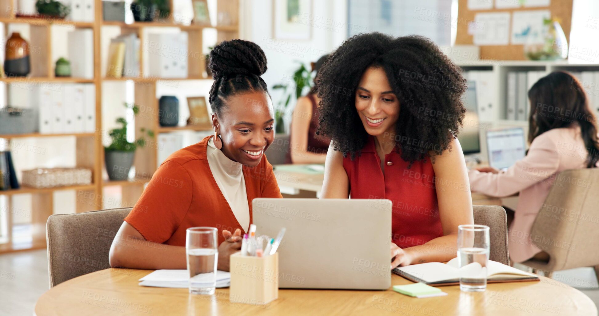 Buy stock photo Happy, employees and women with laptop, office and reporters with positive feedback or collaboration. Reading, comments and people with tech for article performance, teamwork and journalists with app