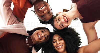 Buy stock photo Below, huddle and portrait of business women for teamwork, support and collaboration. Professional, happy and low angle of workers together with pride for about us, cooperation or coworking in office