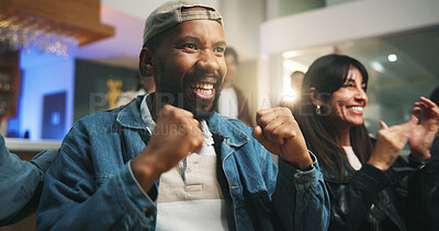 Buy stock photo Man, fist pump and celebration at sports bar, watching tv or excited for goal in soccer competition. People, friends and happy for cheers, football match or live stream for international game at pub