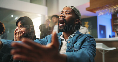 Buy stock photo Sports, watching and man in pub frustrated for loss, upset for score and live streaming game. Unhappy, friends and people for team support, broadcast and match for social gathering in restaurant