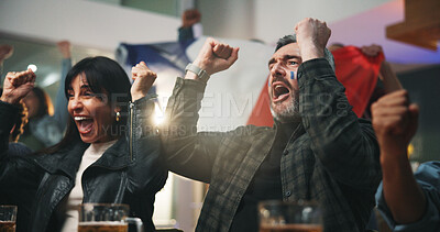 Buy stock photo Happy people, winning and watching tv with fist pump for success, sport victory or support in pub. Excited, community or group of fans with celebration for score or online entertainment in bar