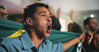 Buy stock photo Sports, excited and men in pub with flag for score, celebrate goal and winning world cup. Cheering, friends and man shout for team support, watching game and match for social gathering in restaurant