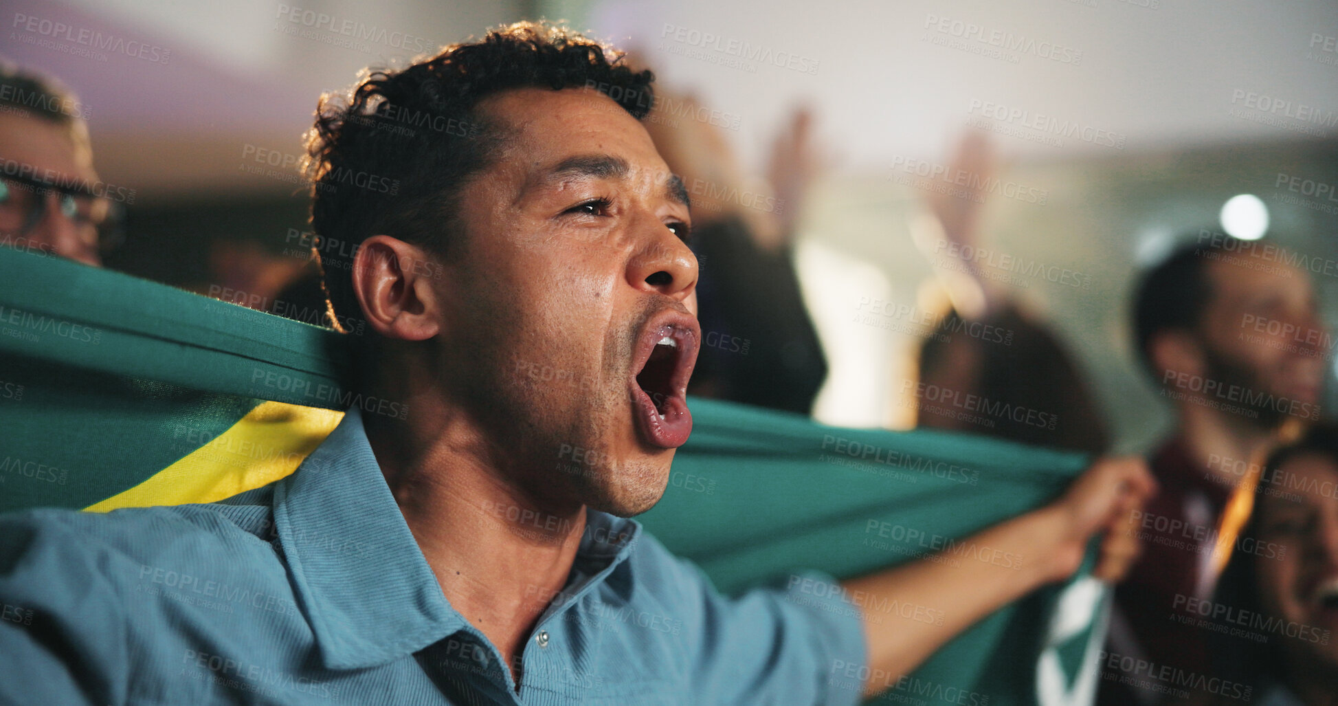 Buy stock photo Sports, excited and men in pub with flag for score, celebrate goal and winning world cup. Cheering, friends and man shout for team support, watching game and match for social gathering in restaurant