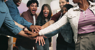 Buy stock photo Friends, home and hand stack for happy reunion, social gathering or celebration party for person success. Excited achievement or group of people together for support, winning or good news for bonding