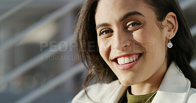 Buy stock photo Portrait, real estate and woman in city, smile and confidence with development opportunity. Realtor, employee and professional in street, happiness and career ambition with property investment