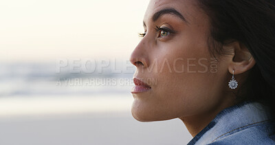 Buy stock photo Beach, profile and thinking with woman on vacation, summer holiday and space on adventure. Thoughts, ocean and serious person daydreaming in nature with reflection, memory and tourist on island