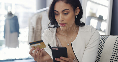 Buy stock photo Credit card, payment and phone with woman in store to search for coupon, discount or voucher. App, bank transfer and shopping with customer in fashion boutique to compare price of clothing product