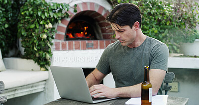 Buy stock photo Backyard, man and typing with laptop for finance planning, review online bills or budget for expenses. Outdoor, tax rebate form and person with pc for track cash flow, saving goal or pay debt at home