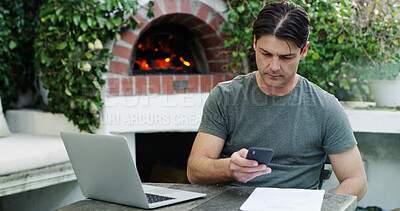 Buy stock photo Backyard, man or typing with phone for finance planning, review online bills or budget for expenses. Outdoor, tax rebate form or person with tech for track cash flow, saving goals or pay debt at home