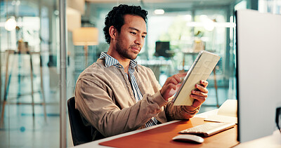 Buy stock photo Creative, research and man with tablet, office or planning for article on web, scroll and journalism. Online, editing and person with tech for story, journalist and preparing for magazine publication