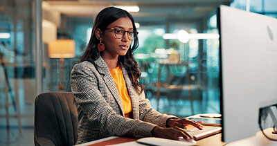 Buy stock photo Research, typing and woman with computer in office for creative project with online article. Glasses, feedback and female magazine editor with communication or review for publishing on technology