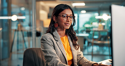 Buy stock photo Night, media agency and woman with computer, reading and creative project with email. Person, evening and journalist in office, pc and article submission with publishing, copywriting and website blog