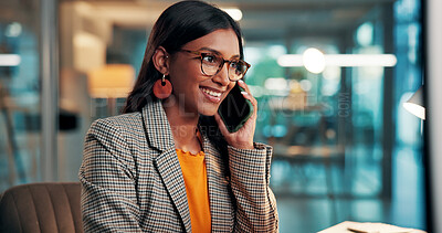 Buy stock photo Business woman, smile and phone call in workplace for chat, update or contact source for story. Mobile, journalist and person in office for communication, article publication and news feedback