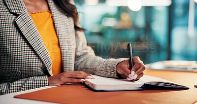 Buy stock photo Hands, writing and notebook at startup for review, proposal or research article at media company. Person, writer or journalist with planning story, editing or project management at creative agency