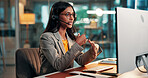 Computer, call center agent and business woman with banking advice, loan inquiry or solution. Desktop, headset and consultant talk to customer for financial feedback, help desk or account assistance