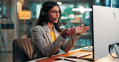 Buy stock photo Computer, call center and business woman in office with banking advice, loan inquiry or solution. Desktop, headset and agent talk to customer for financial feedback, help desk or account assistance