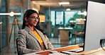 Evening, media agency and woman with computer, reading and creative project with website blog. Person, night and journalist in office, pc and article submission with publishing, copywriting or editor