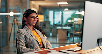 Buy stock photo Evening, media agency and woman with computer, reading and creative project with website blog. Person, night and journalist in office, pc and article submission with publishing, copywriting or editor