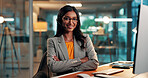Crossed arms, pride and portrait of businesswoman in office with confidence for finance career. Smile, glasses and female financial manager with happiness for accounting internship in workplace.