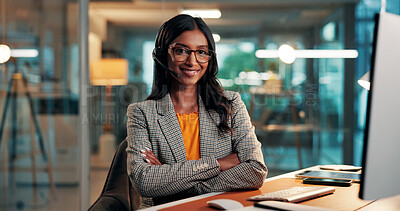 Buy stock photo Crossed arms, headset and portrait of businesswoman in office with confidence for finance career. Mic, glasses and female financial secretary with happiness for accounting internship in workplace.