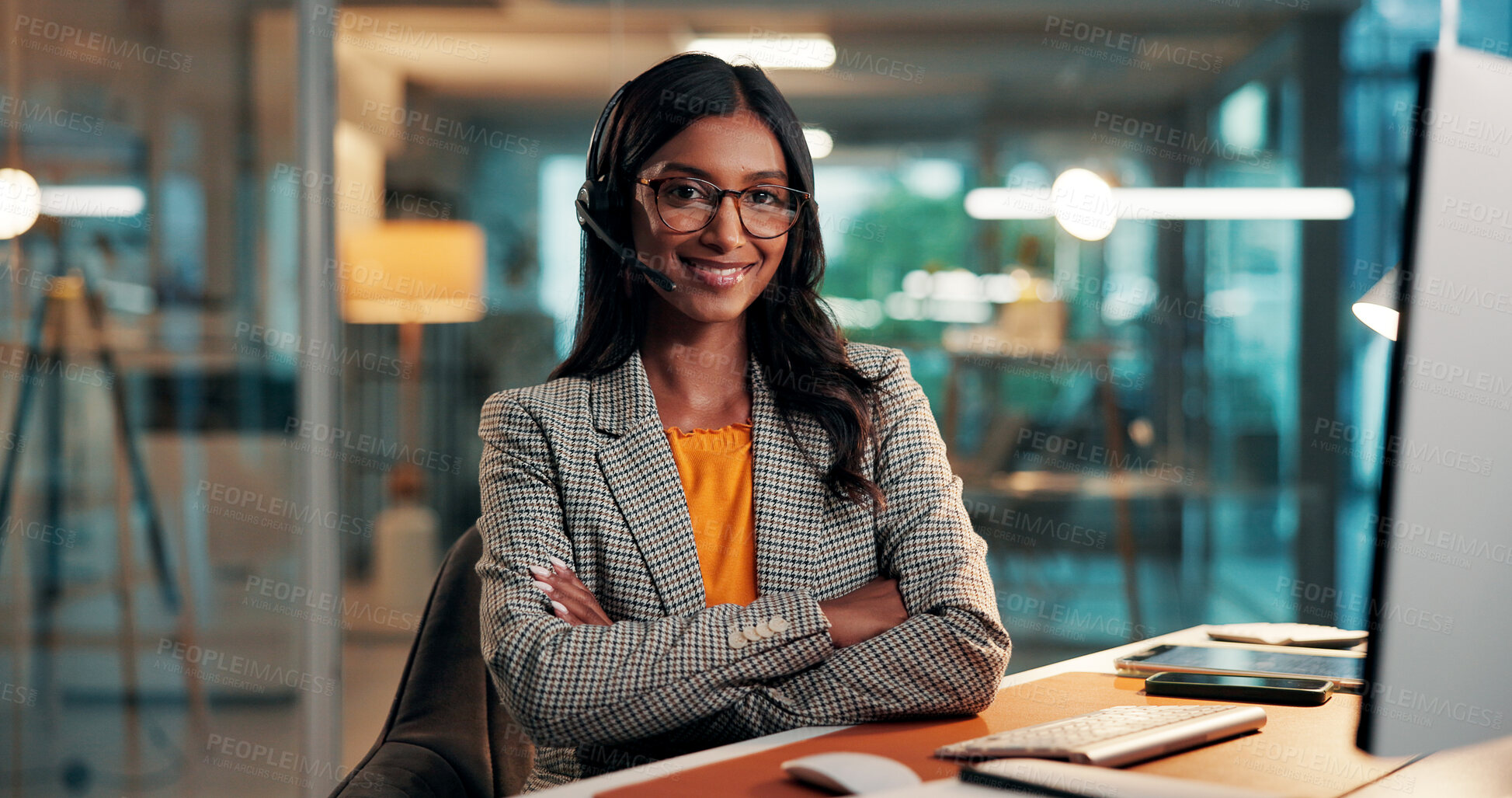 Buy stock photo Crossed arms, headset and portrait of businesswoman in office with confidence for finance career. Mic, glasses and female financial secretary with happiness for accounting internship in workplace.