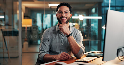 Buy stock photo Portrait, night and happy businessman in office with pride, about us or confident compliance agent. Glasses, smile and professional in company on overtime for career ambition as policy officer