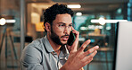 Phone call, communication and businessman in office at night for finance negotiation with client. Cellphone, professional and male financial advisor on mobile discussion for investment proposal.