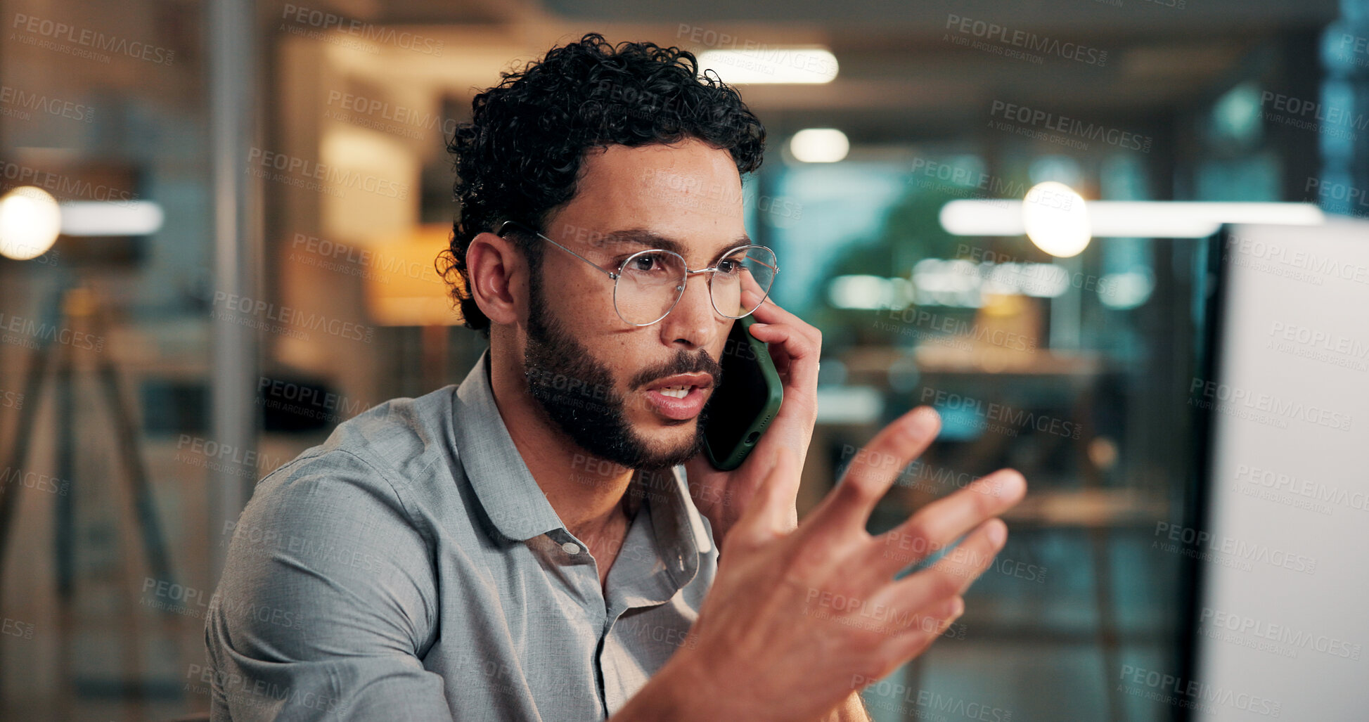 Buy stock photo Phone call, communication and businessman in office at night for finance negotiation with client. Cellphone, professional and male financial advisor on mobile discussion for investment proposal.