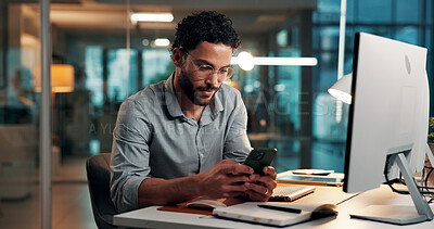 Buy stock photo Night, typing and business man with phone in office for networking, website and research for finance. Working late, financial advisor and person on smartphone for online chat, connection and contact