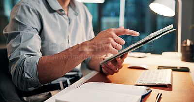 Buy stock photo Typing, online and hands with tablet, office and plan for article on web, creative and working late. Scroll, research and person with tech for story, employee and journalist with deadline at night