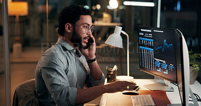 Buy stock photo Phone call, computer and businessman in office at night for finance negotiation with client. Cellphone, stock market and financial advisor on mobile discussion for investment proposal in workplace.