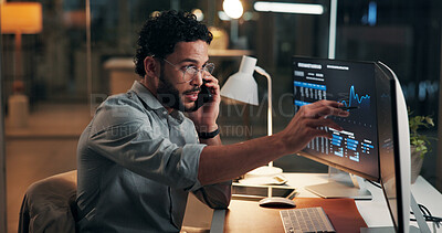 Buy stock photo Phone call, stock market and businessman in office at night for finance negotiation with client. Cellphone, trading and financial advisor on mobile discussion with computer for investment proposal.
